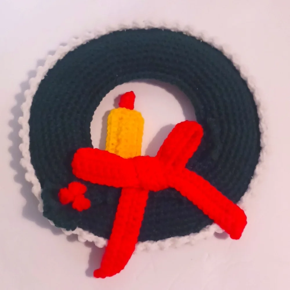 Crocheted Christmas Wreath with Candle, Bow, and Holly Berries